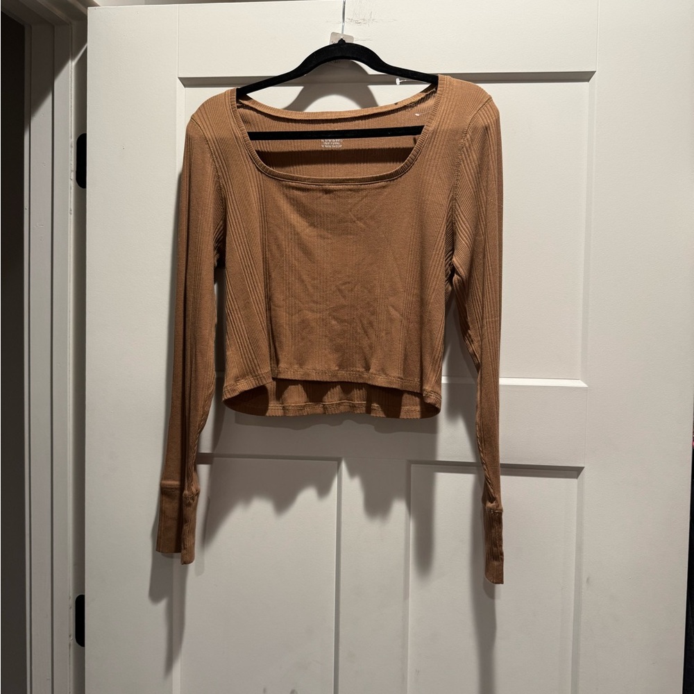 NWOT Aerie Brown Ribbed Square Neck Long Sleeve Cropped Tee